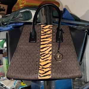 Michael Kors Black and Brown Tote with Animal Print Tiger